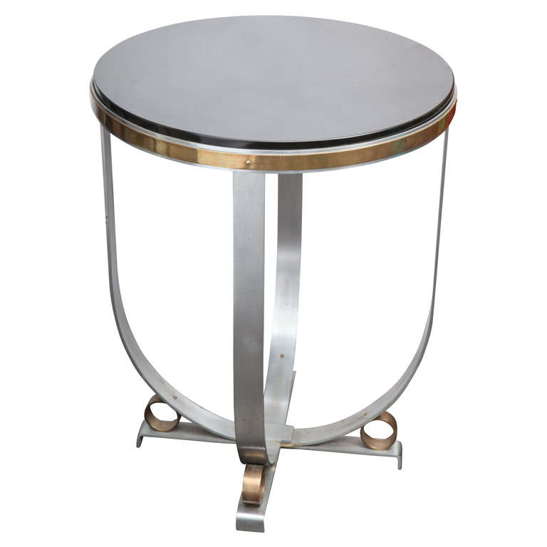 Walter Kantack Table Art Deco Polished Steel and Brass with Onyx Top, 1920s For Sale