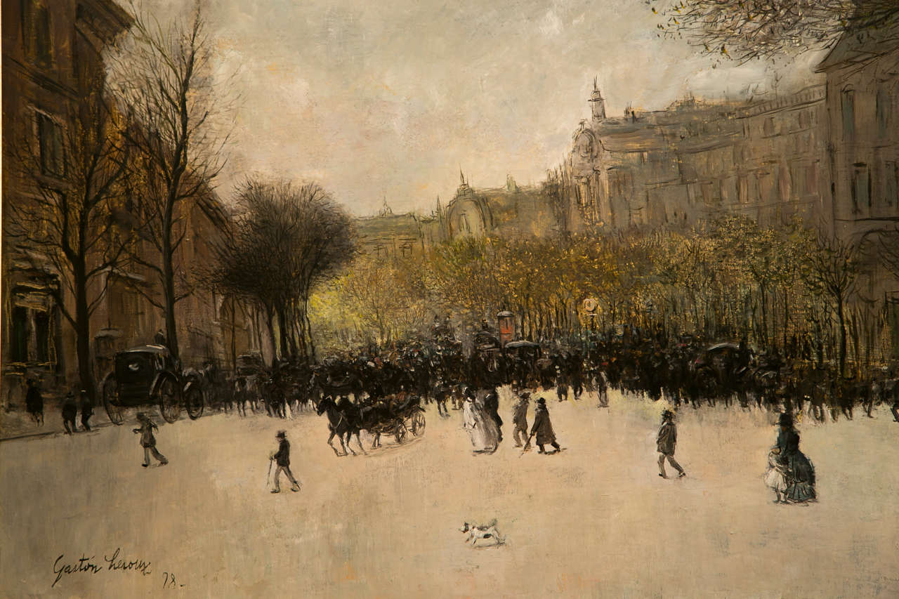 An oil on canvas of a street scene by French artist Gaston Veuvenot Leroux ( 1854 - 1942 ).  Signed Gaston Leroux 98 lower left. Canvas dimensions : 22.5 high  x  33