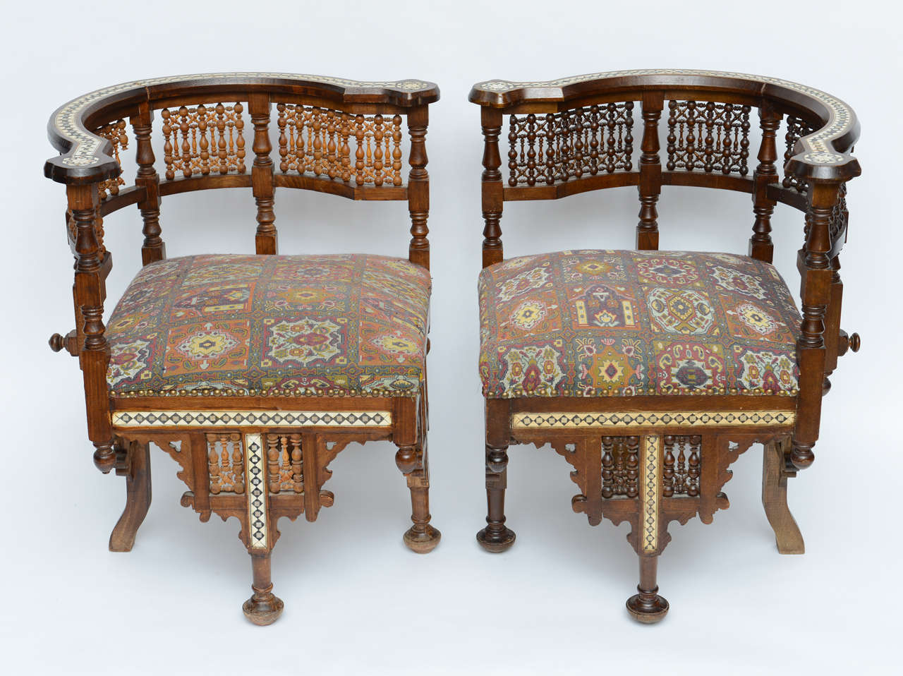 Pr Moroccan Arm, Corner Chairs/ Settee w/ Bone & Ivory Inlays, 19th Century In Good Condition In West Palm Beach, FL