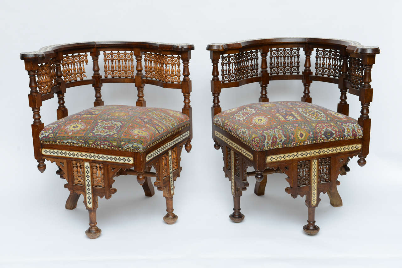 Pr Moroccan Arm, Corner Chairs/ Settee w/ Bone & Ivory Inlays, 19th Century 1