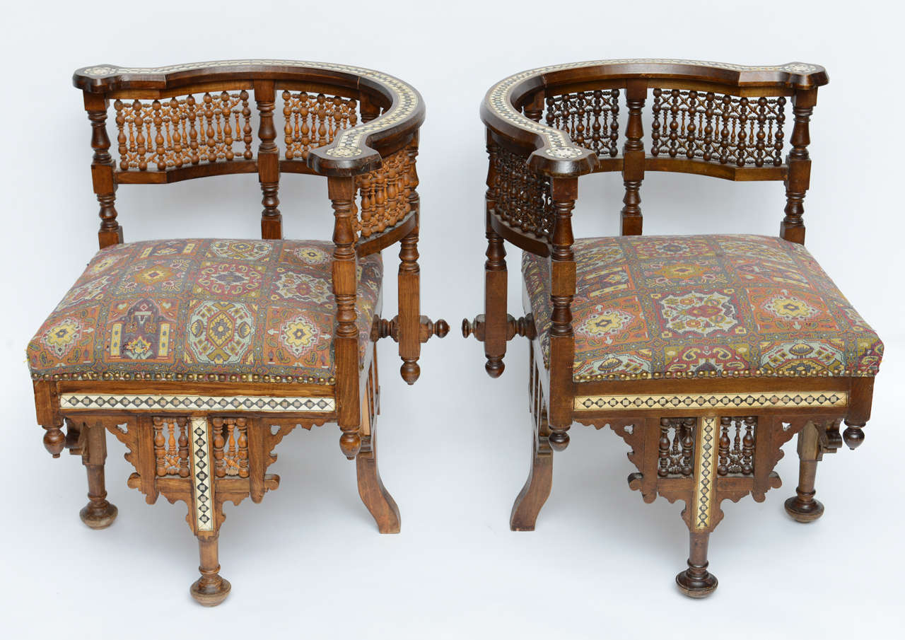 Pr Moroccan Arm, Corner Chairs/ Settee w/ Bone & Ivory Inlays, 19th Century 2