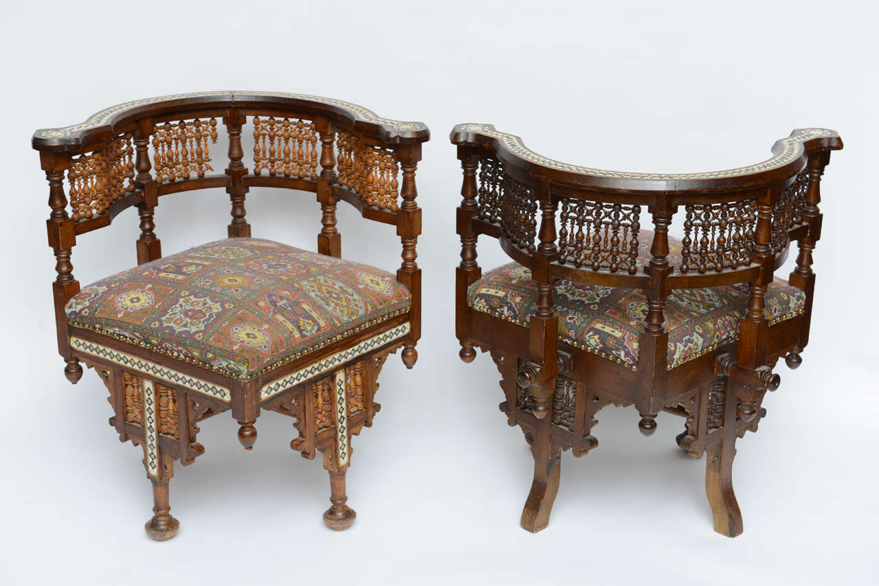 Pr Moroccan Arm, Corner Chairs/ Settee w/ Bone & Ivory Inlays, 19th Century 7