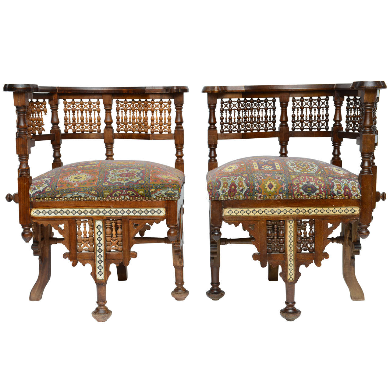 Pr Moroccan Arm, Corner Chairs/ Settee w/ Bone & Ivory Inlays, 19th Century