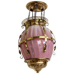 American Lighting Fixture with Pink Swirl Glass Globe, 19th Century