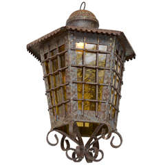 Gothic Style Lantern with Amber Slag Glass, 19th Century