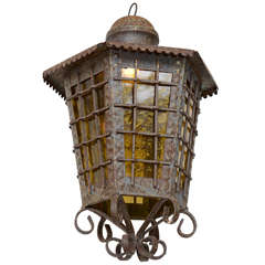 Antique Gothic Style Lantern with Amber Slag Glass, 19th Century