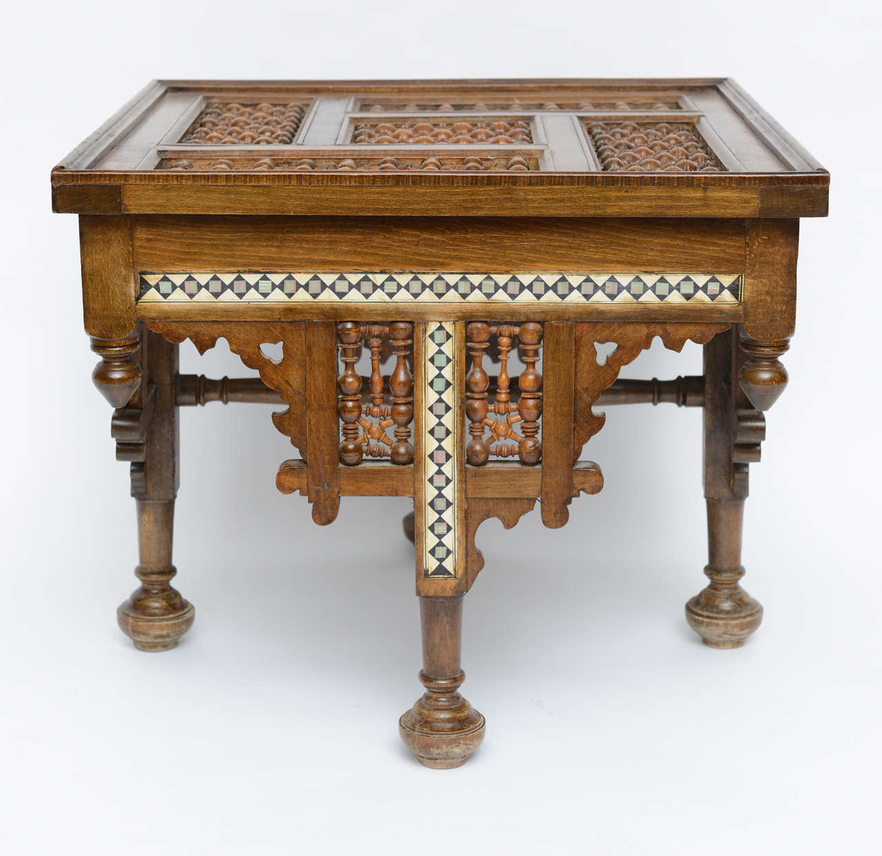 Moroccan Table Inlaid with Bone & Ivory; maybe used between the pair of chairs listed to form a tete-a-tete.  Size may be increased by using a glass top with a over hang, original restored finish