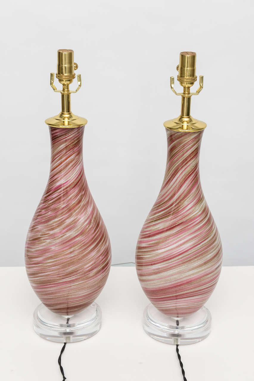 Mid-Century Modern Pair of pink swirl Murano glass lamps