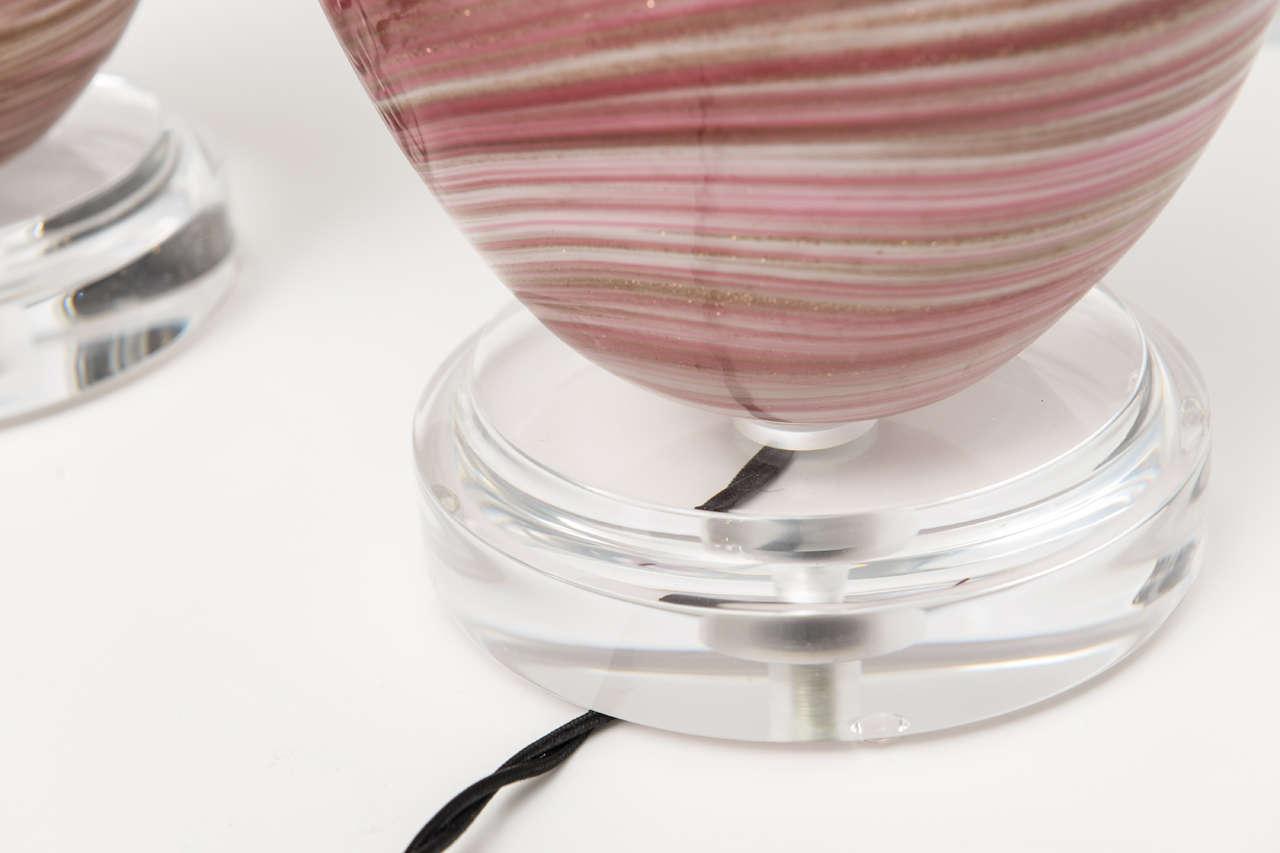 Italian Pair of pink swirl Murano glass lamps