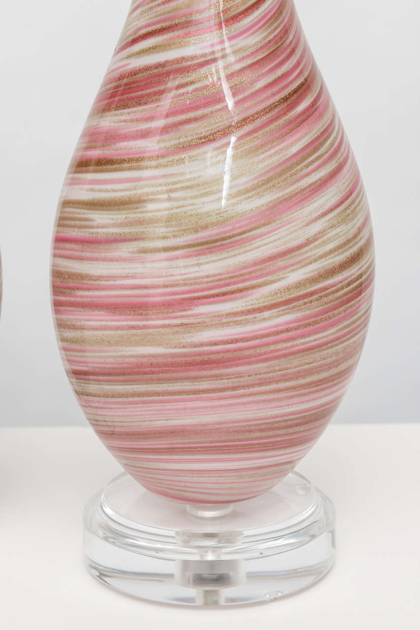 Pair of pink swirl Murano glass lamps 2