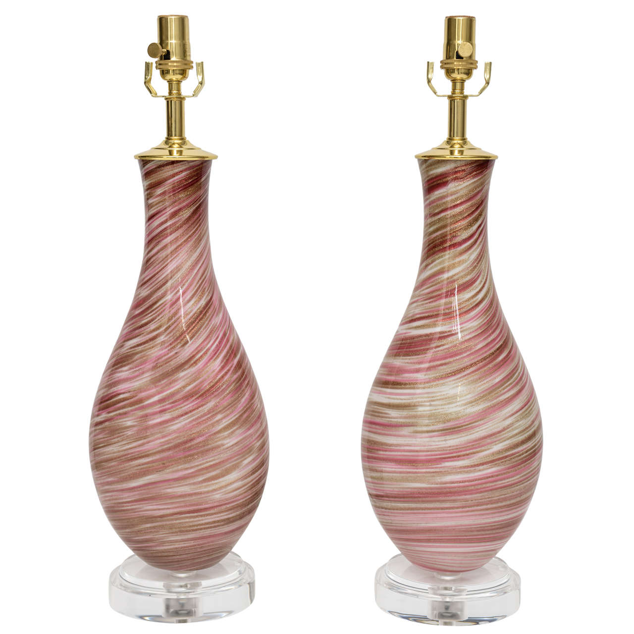 Pair of pink swirl Murano glass lamps