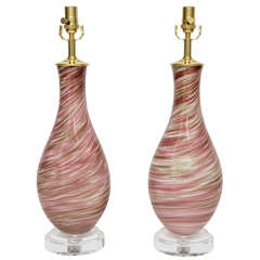 Pair of pink swirl Murano glass lamps