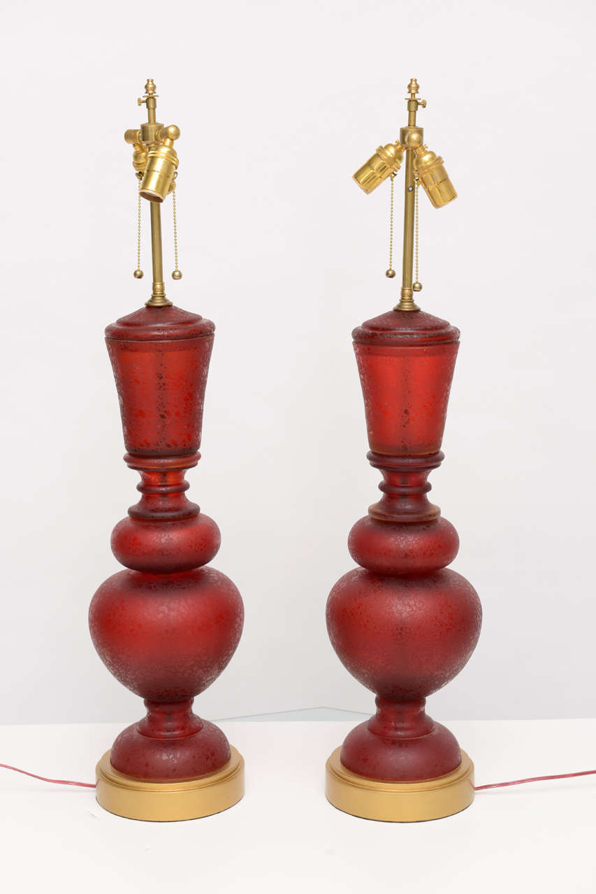 Mid-Century Modern Pair of Red Murano Glass Lamps