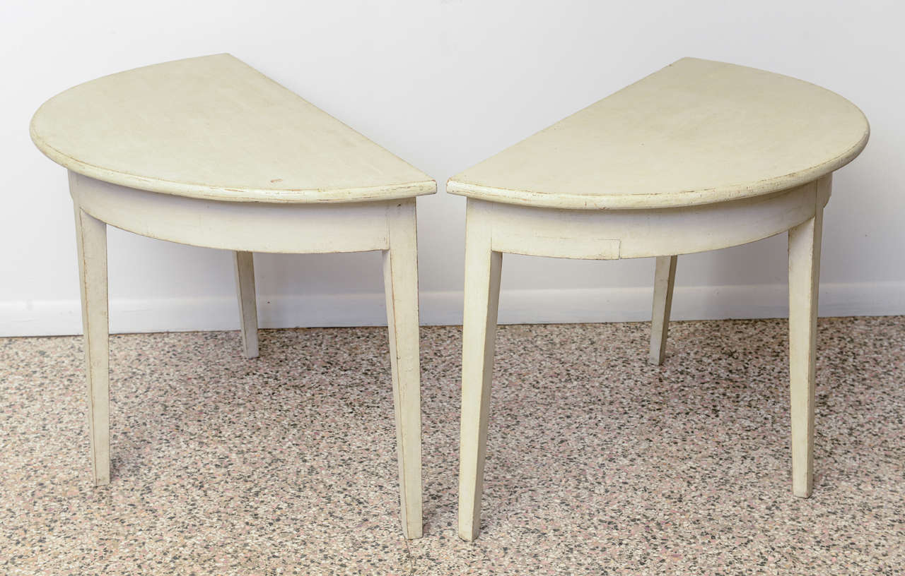 Pair of 19th Century Antique Swedish Gustavian Painted Demi Lune Side Tables In Good Condition In West Palm Beach, FL