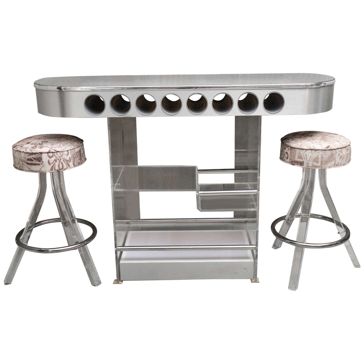 Beautiful Vintage Oval Lucite Bar with Two Bar Stools