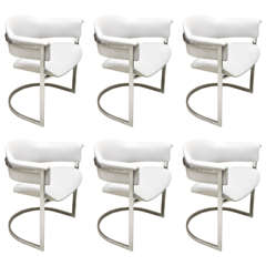 Set of Six Vintage Grey Leather and Chrome Italian Dining Chairs