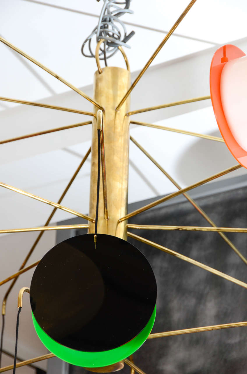 Mid-Century Modern Unique Brass and Colored Plexiglass Modern Chandelier by Adriano Albini