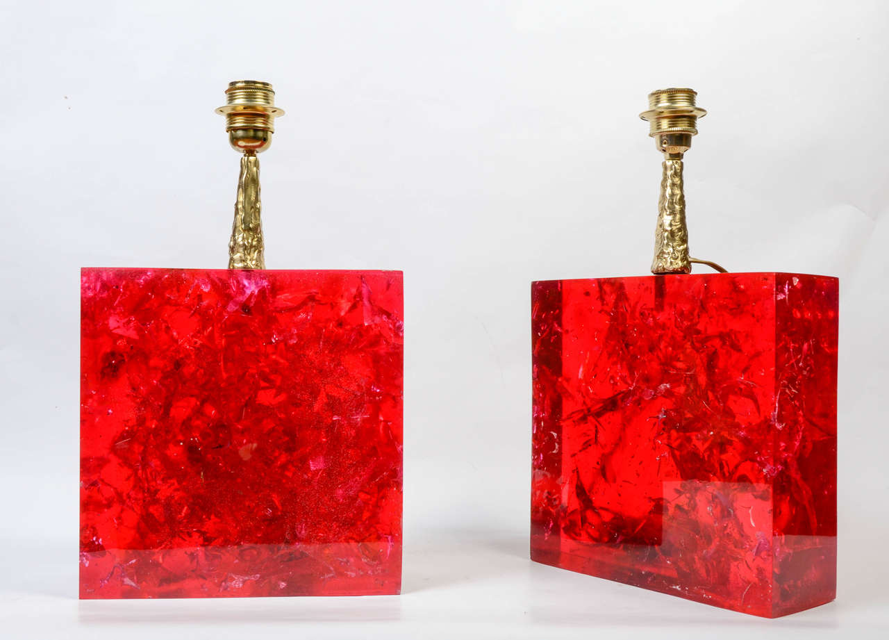 Very bright pair of fractal lamps made by French designer Henri Fernandez.
Composed of a rectangle mass of red fractal finished by a hammered bronze neck, each lamp is signed by the artist.

Both lamps were made at different time periods but are