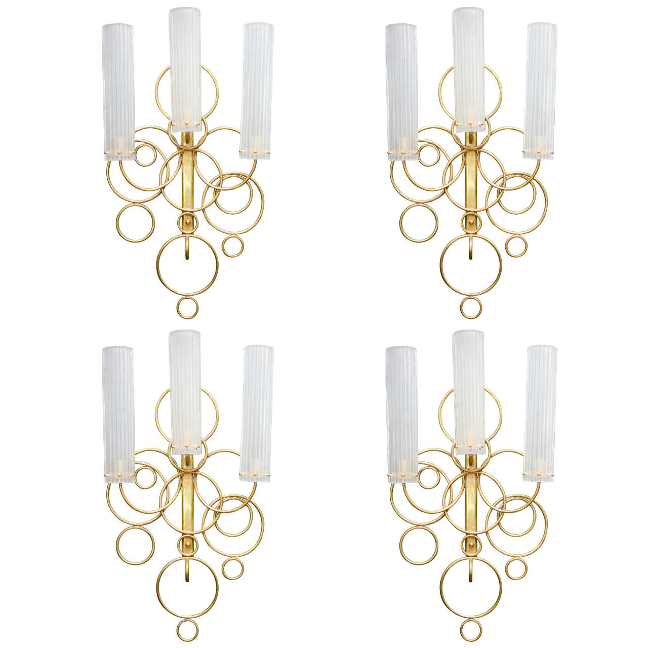 Set of Four Brass and Glass Wall Sconces