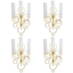 Set of Four Brass and Glass Wall Sconces