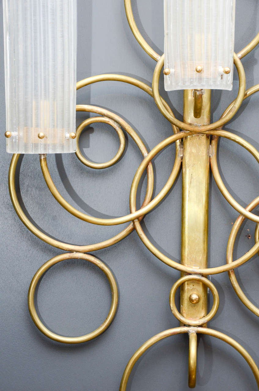 Set of Four Brass and Glass Wall Sconces 1