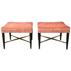 Pair of Velvet Upholstered Benches with Wood and Brass Details by Harvey Probber