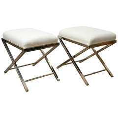 Pair of White Upholstered Chrome "X" Base Benches