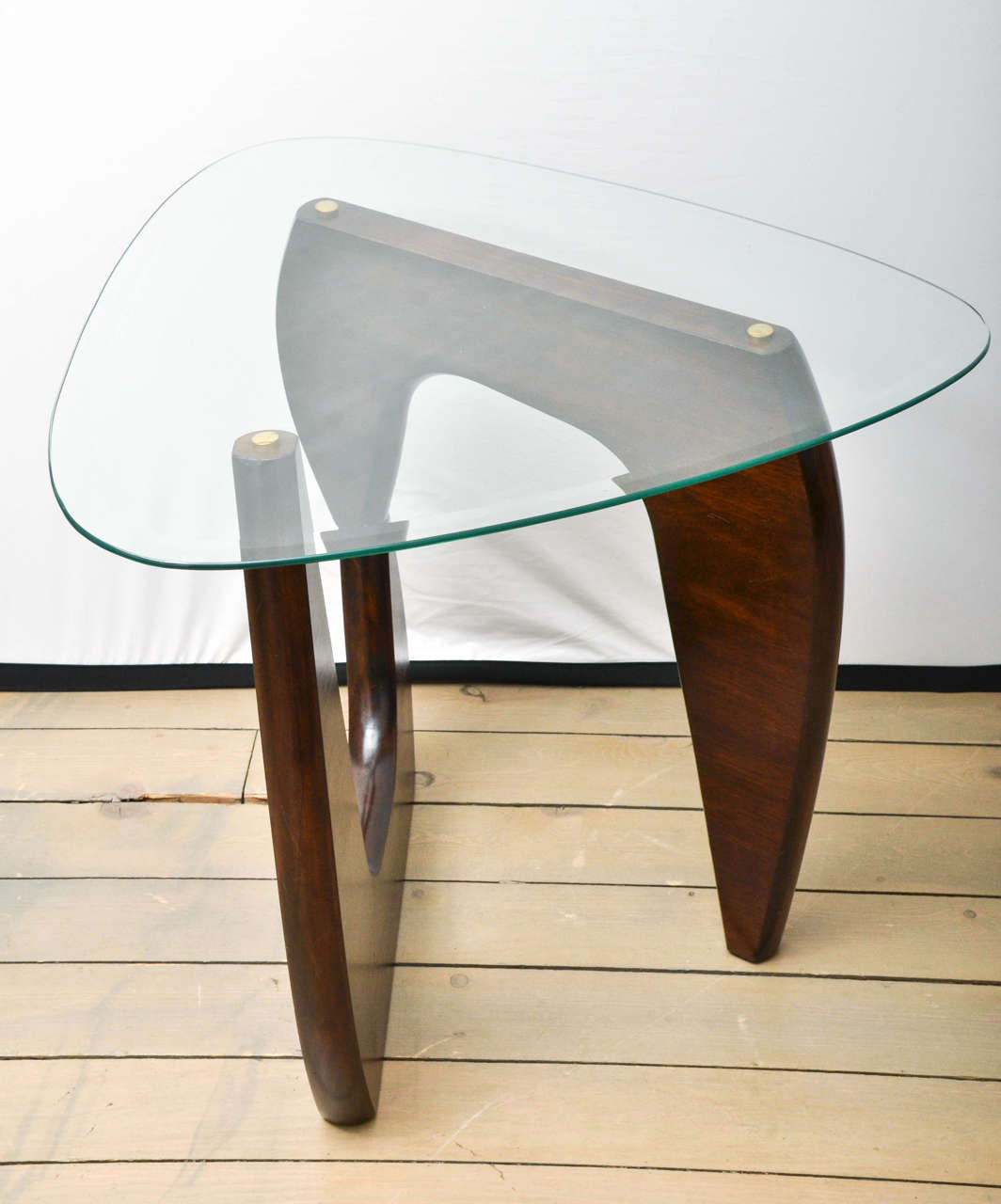 Pair of wood base glass triangular top tables in the style of Noguchi.