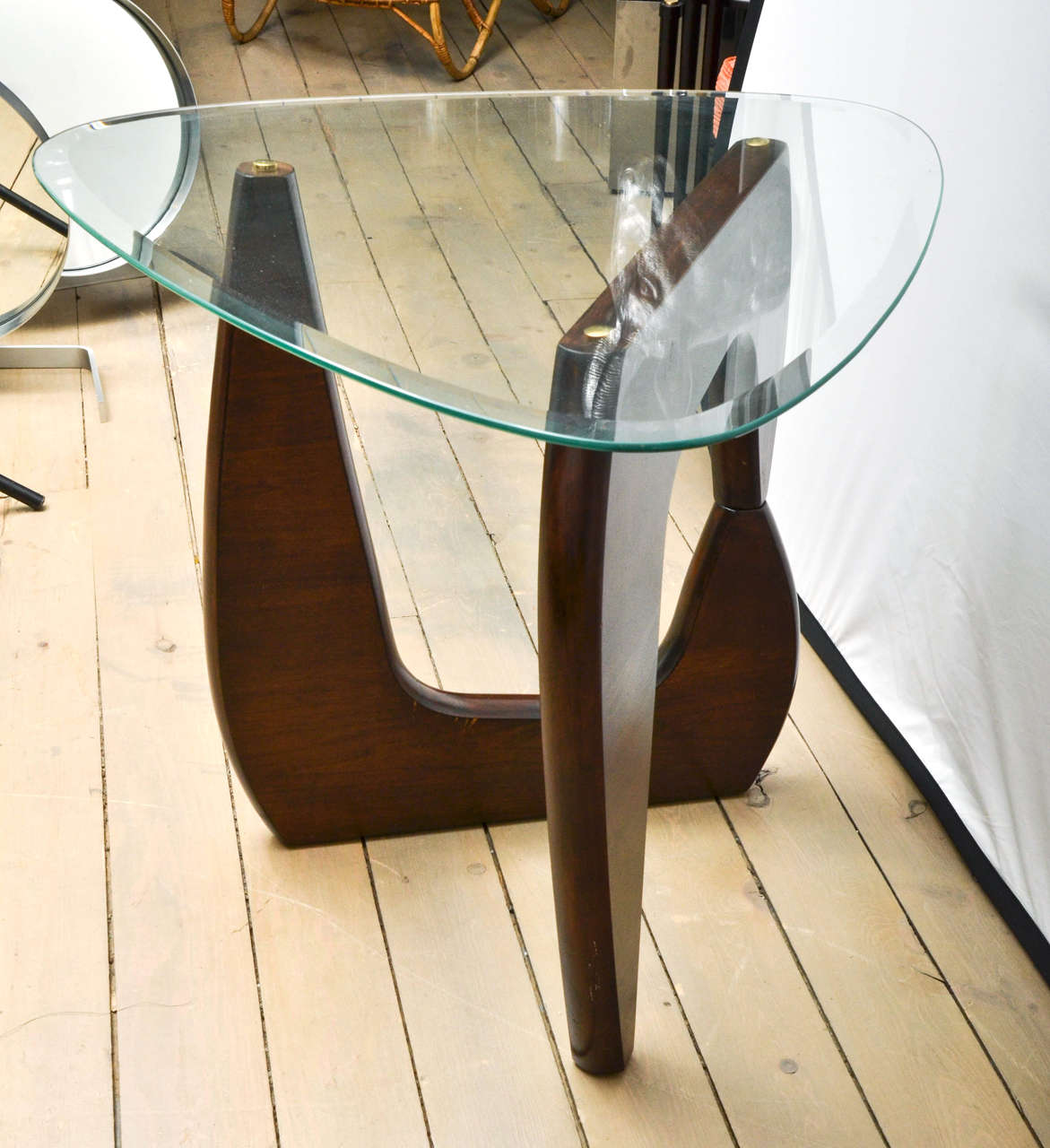 Pair of Wood Base Glass Triangular Top Tables 1