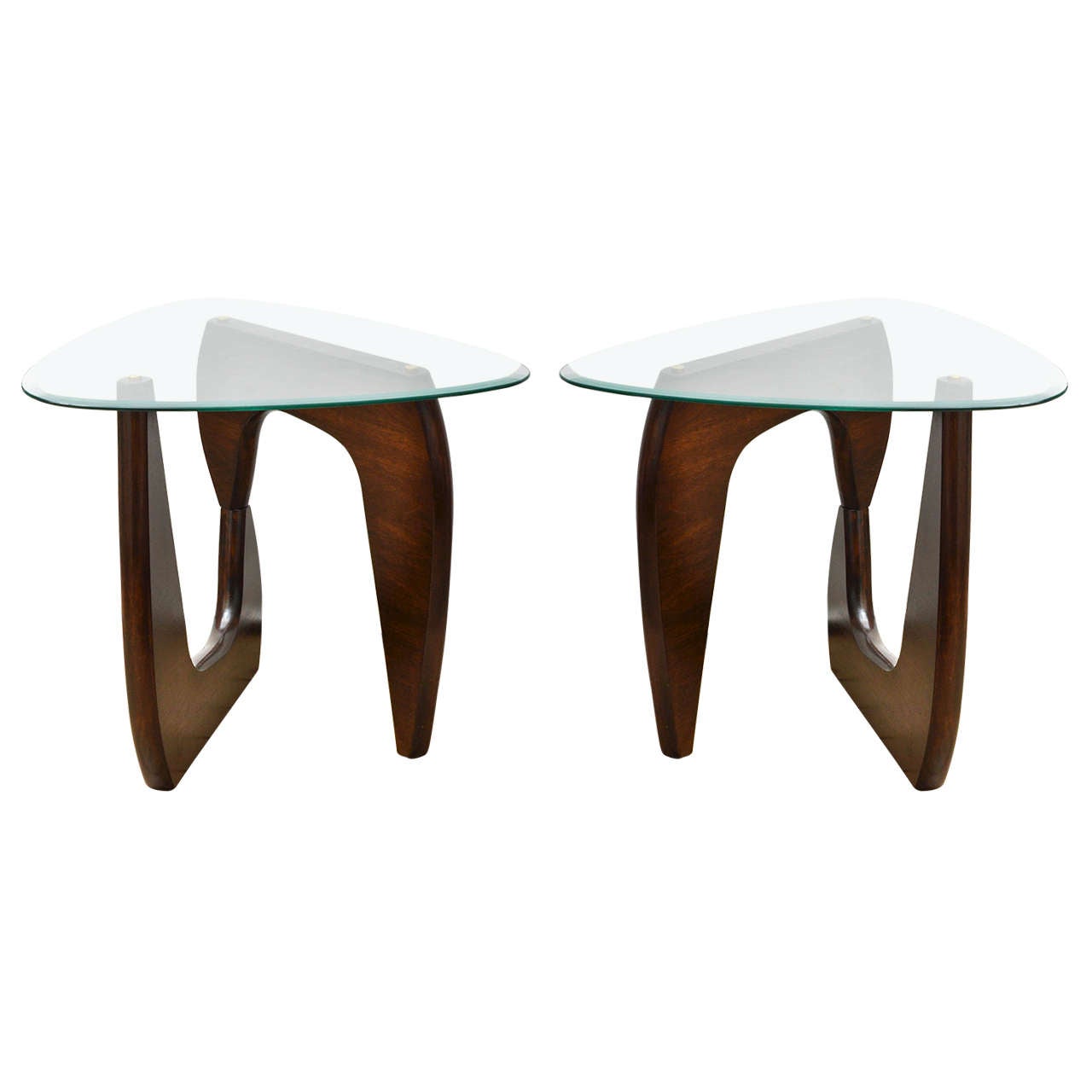 Pair of Wood Base Glass Triangular Top Tables