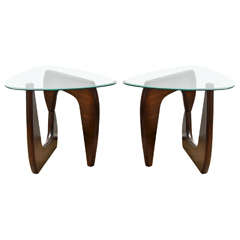 Pair of Wood Base Glass Triangular Top Tables