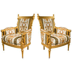 Large Pair of Louis XVI Style Bergeres "Versace Collection"