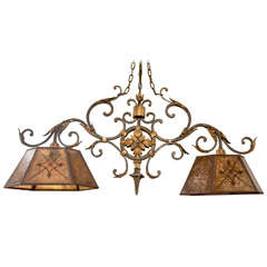 Antique Wrought Iron Two-Light Hanging Lamp with Mica Shades