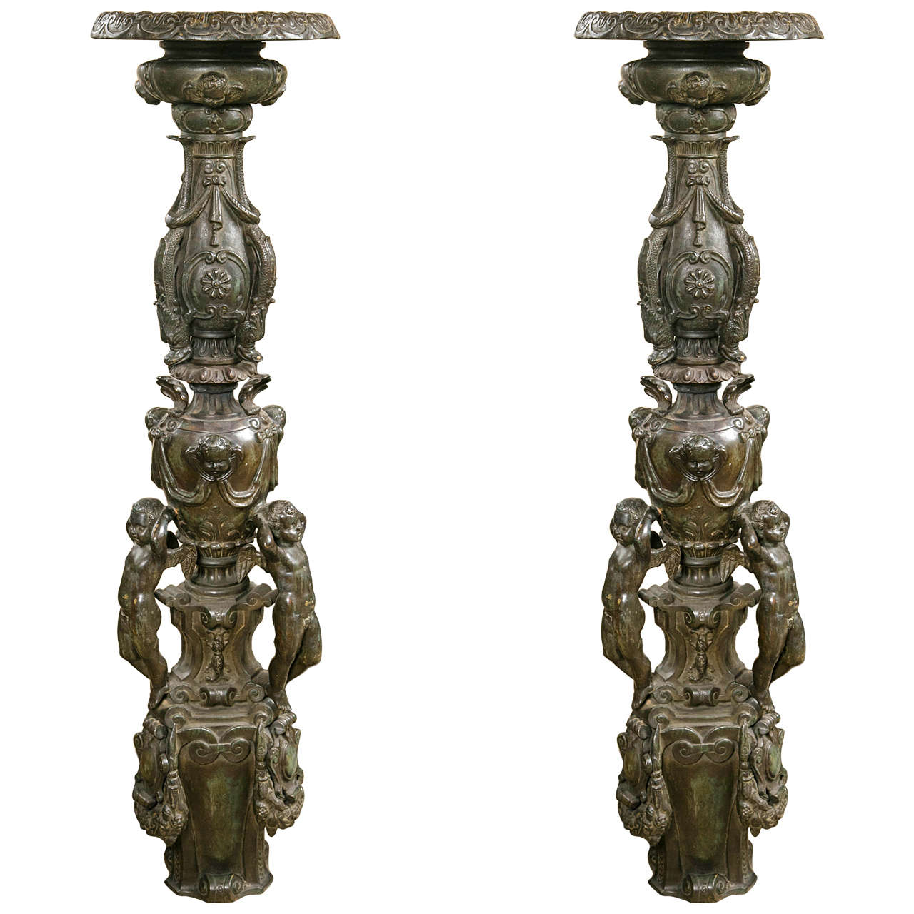 Pair of Italian Bronze Standing Candlesticks