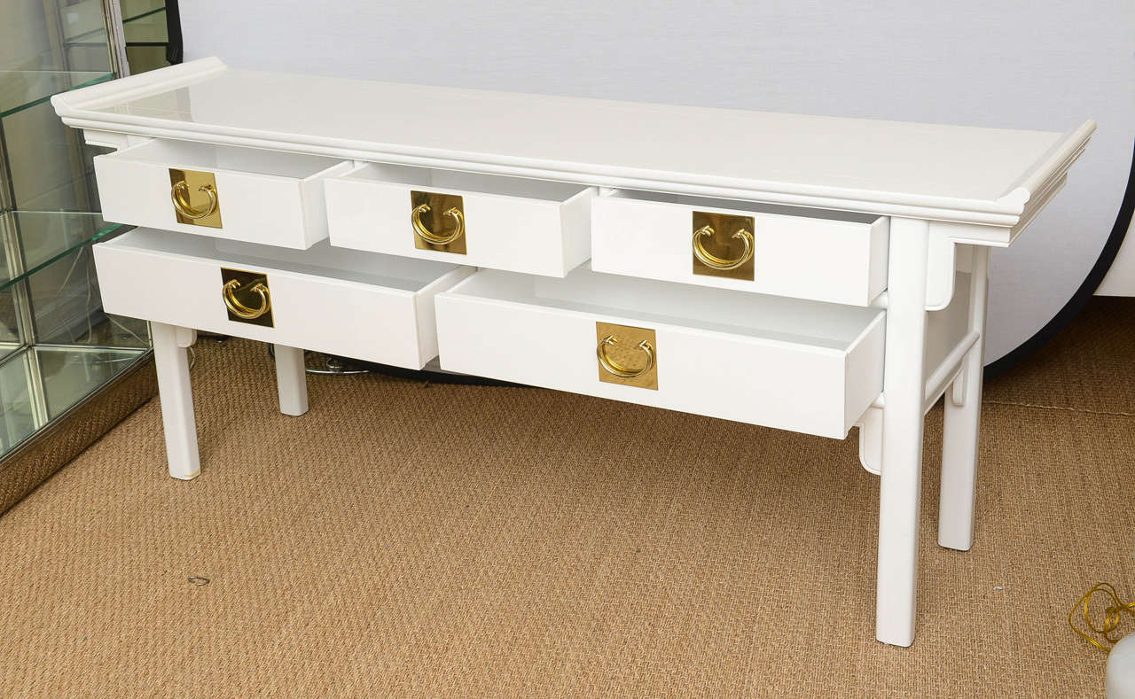 Mid-20th Century White Lacquered and Polished Brass Console, Cabinet or Buffet