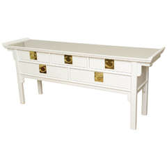 White Lacquered and Polished Brass Console, Cabinet or Buffet