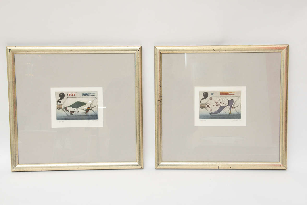 These detailed images are beautifully colored... they are both to do with aviation and shoes in a mechanical sense. They are dated 1994. The detail is fabulous and they make a great pair.
The edition is 200 and one is 134 and 136 out of 200. Signed