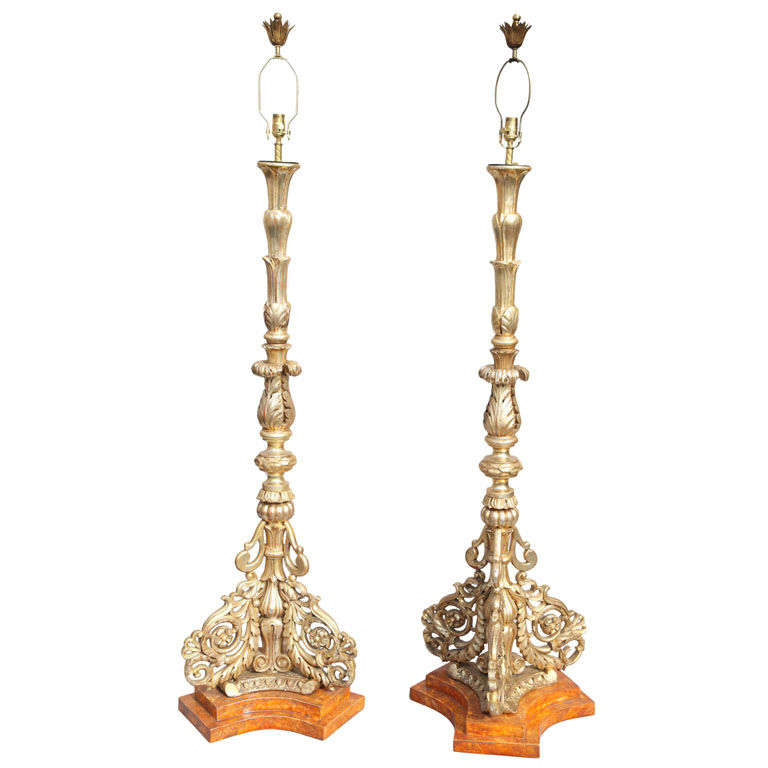 Large Pair of 19c. Silvergilt Pricket Torchieres