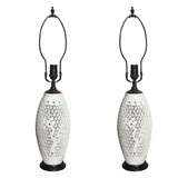 A Pair of Blanc de Chine Open Fretwork Baluster Form Lamps