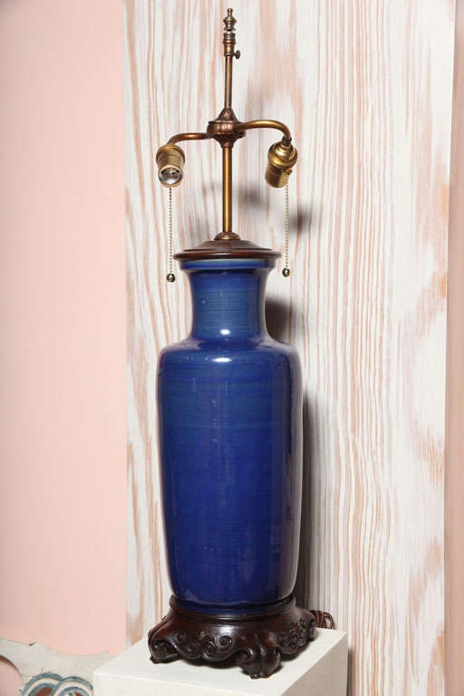 A Large Dark Blue Glazed Antique Chinese Vase, Mounted as a Lamp