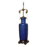 A Large Dark Blue Glazed Antique Chinese Vase, Mounted as a Lamp
