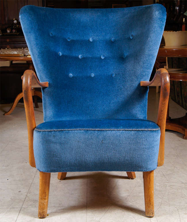 Wingback armchair by Alfred Christiansen for Slegelse Mobelfabrik in Denmark, 1950's in oak, with blue mohair upholstery, mid-century modern.