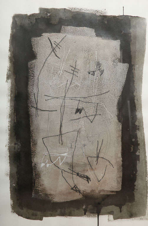 Mixed medium abstract on paper framed in ebonized oak, c. 1980