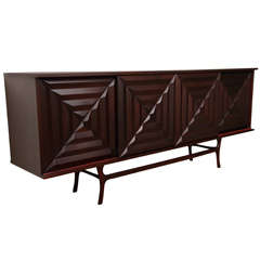 Buffet with Geometric Carved Doors on Sculptural Base