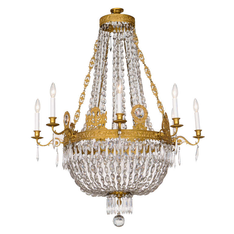 Fine French Empire Eight-Light Ormolu and Crystal Chandelier For Sale