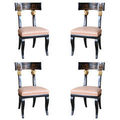 Set of Four Baltic Neoclassic Ebonized and Penwork Klismos Chairs