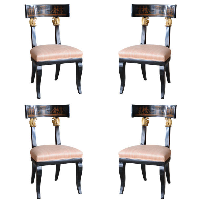 Set of Four Baltic Neoclassic Ebonized and Penwork Klismos Chairs For Sale