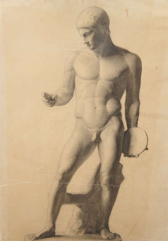 This finely done German drawing is an excellent example of classical study work done by an aspiring artist, the goal to learn scale, proportion and anatomical lessons from the great masters of the past. 
The rendering is very believable as a figure