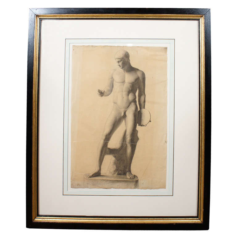 German Classical Drawing of an Ancient Statue For Sale