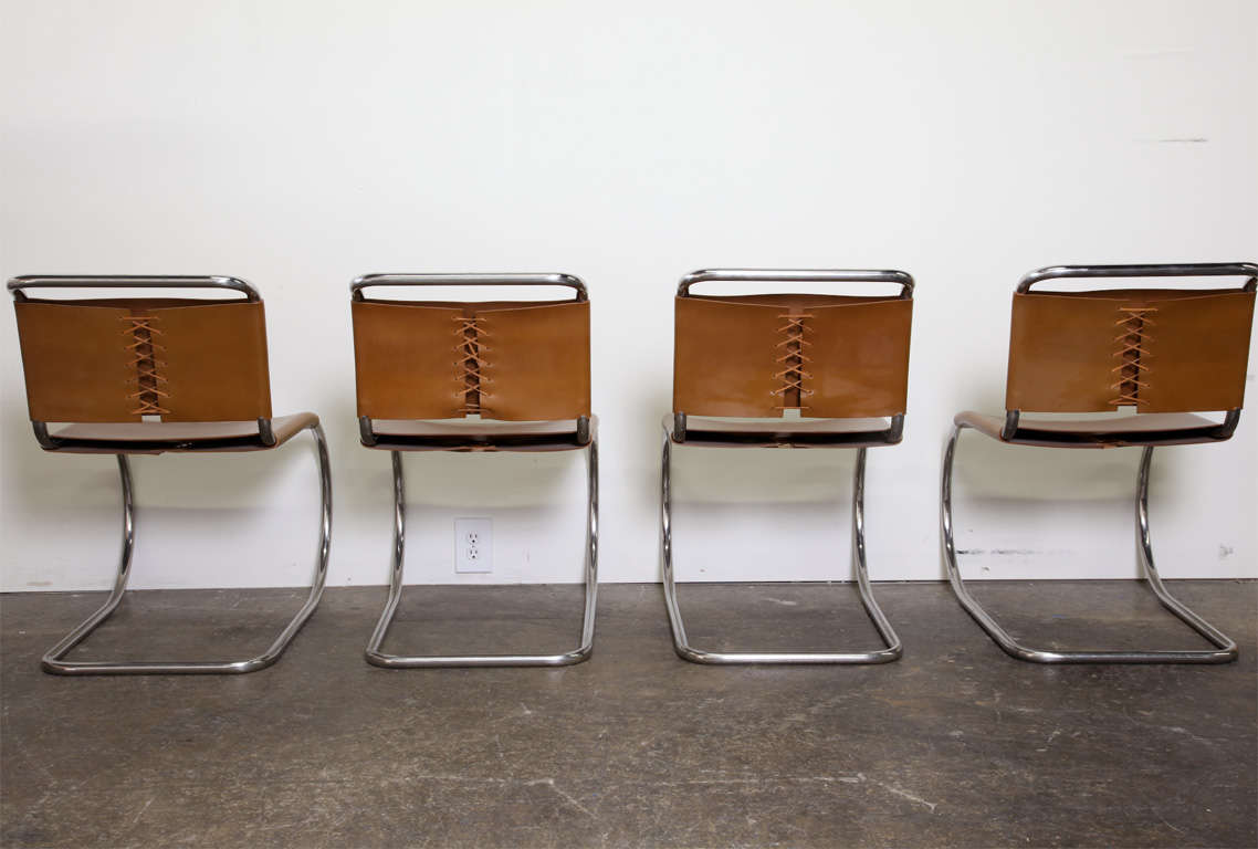 MR Lounge chairs by Mies van der Rohe. Low lounge with brown leather sling back and seat with leather lacing. Stainless steel chair. Made by Knoll.